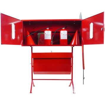 Стенд пожежний закритого типу з перекидним ящиком для піска (з комплектацією кошма/багор/лом/лопата/топор/відро) + 2 Вогнегасника порошкових ВП-6 (ОП-6) (артикул: 000073578)-0