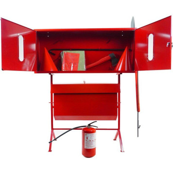 Стенд пожежний закритого типу з перекидним ящиком для піска (з комплектацією кошма/багор/лом/лопата/топор/відро) + Вогнегасник порошковий ВП-5 (ОП-5) (артикул: 000073573)-0